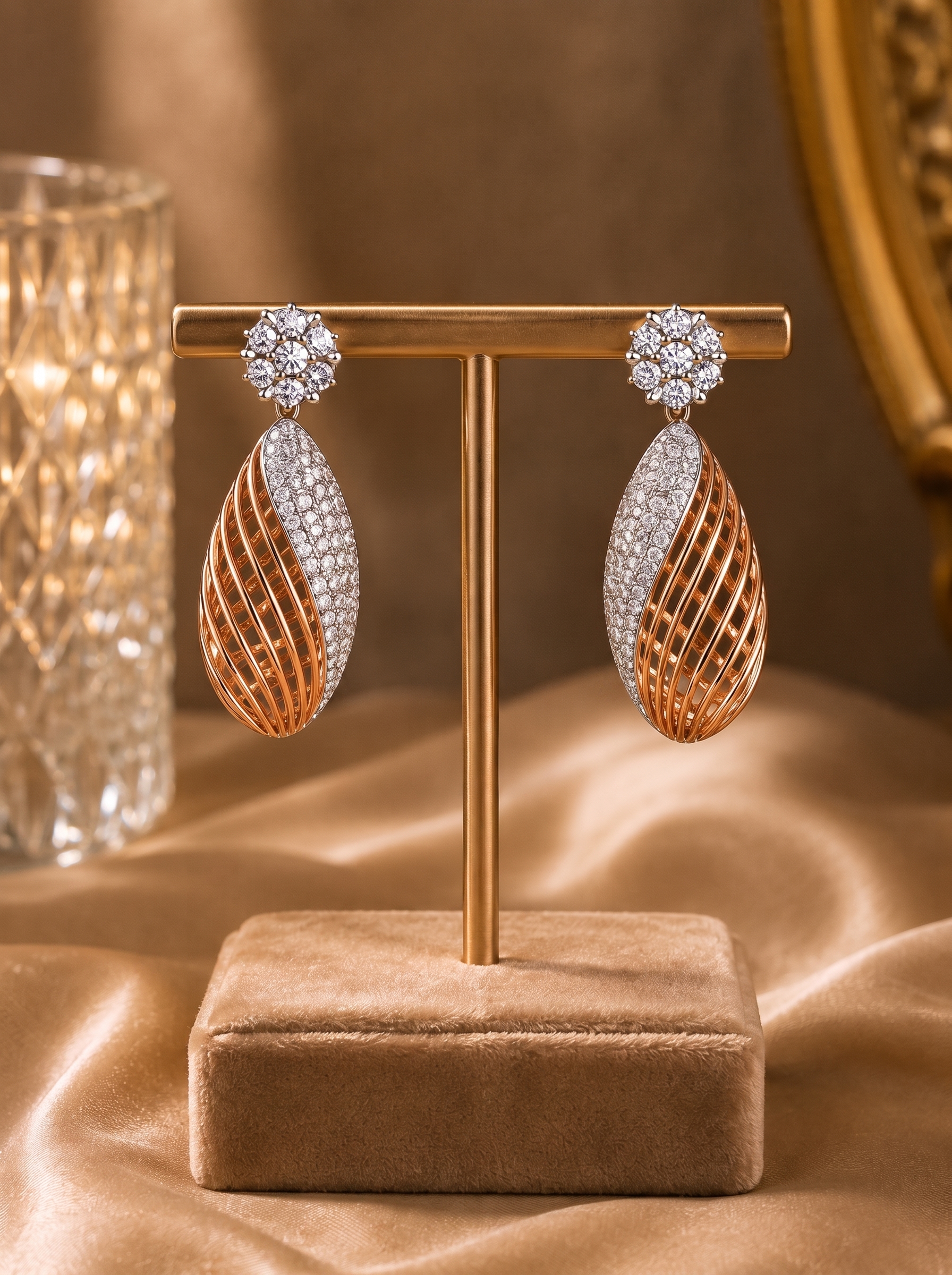 Rose Gold Diamond Leaf Drop Earrings